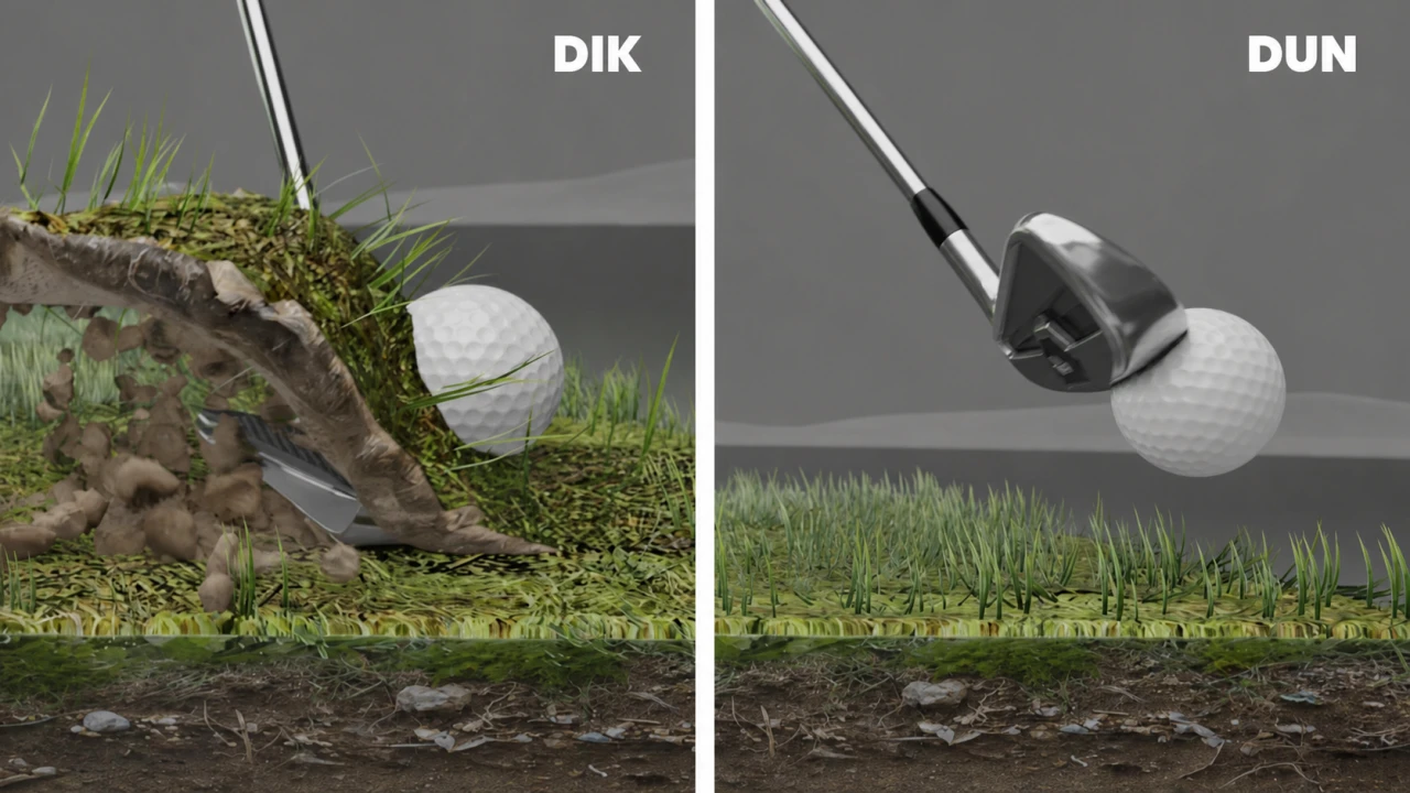 Vergelijking van een te dik en te dun geraakte golfbal met de positie van club en bal