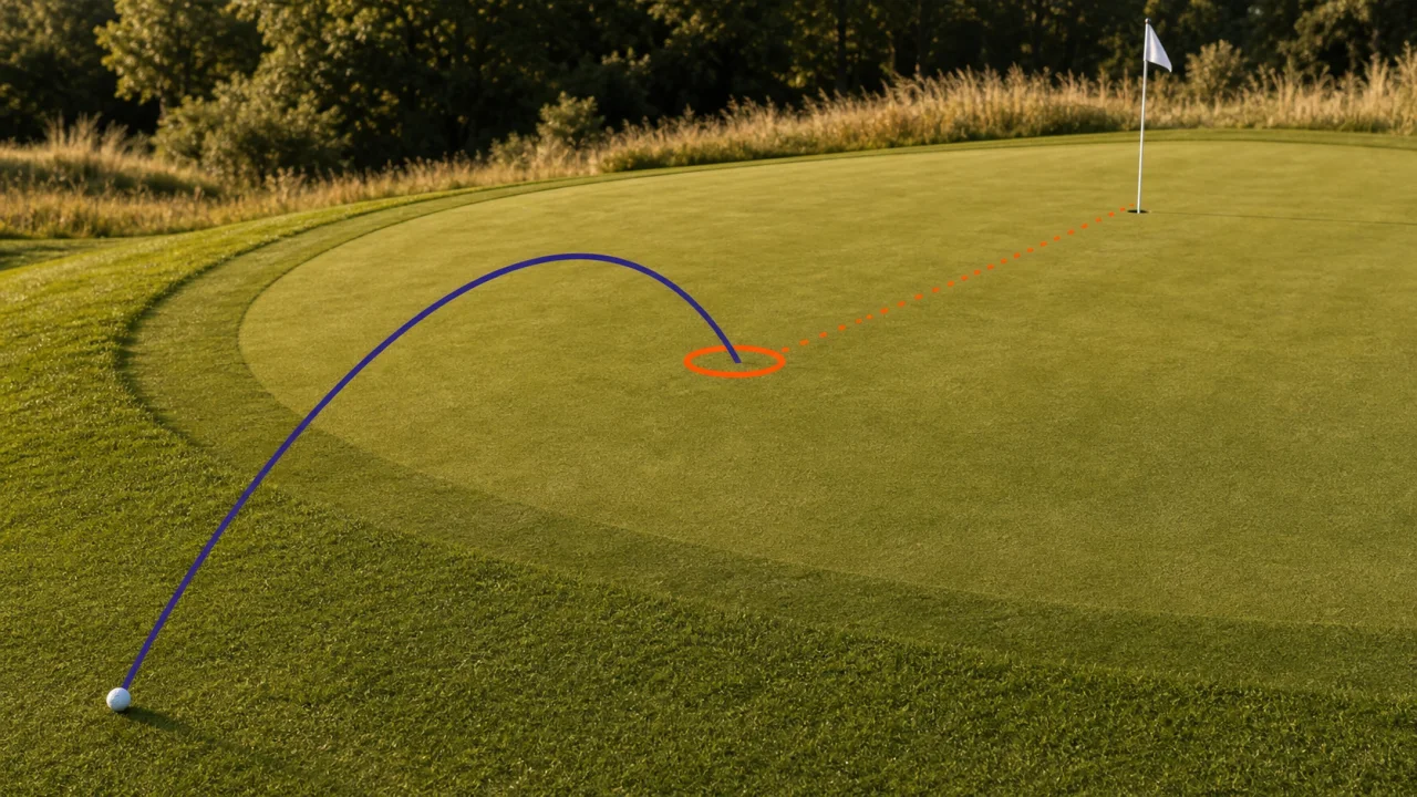 Golfer die vóór een chip of pitch eerst een betrouwbaar landingspunt op de green kiest