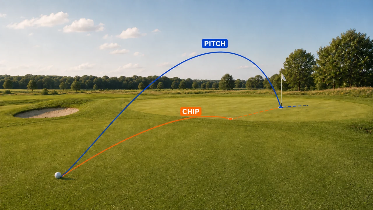 Verschil in balvlucht en doorrol tussen een lage chip en een hoge pitch richting de green