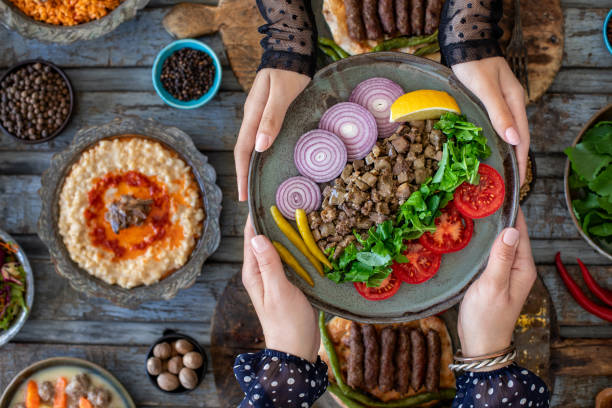 A family table set with traditional Albanian dishes