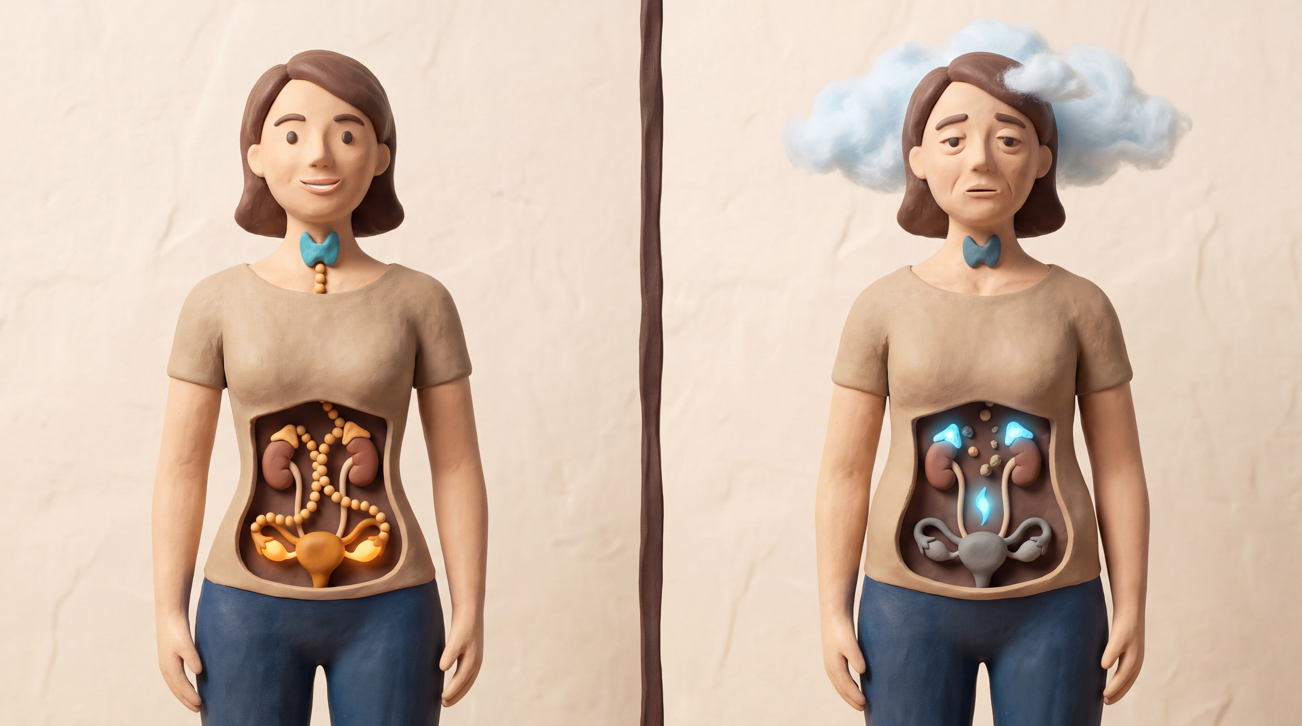 Before menopause the ovaries make estrogen and progesterone; after menopause the adrenals and thyroid take over
