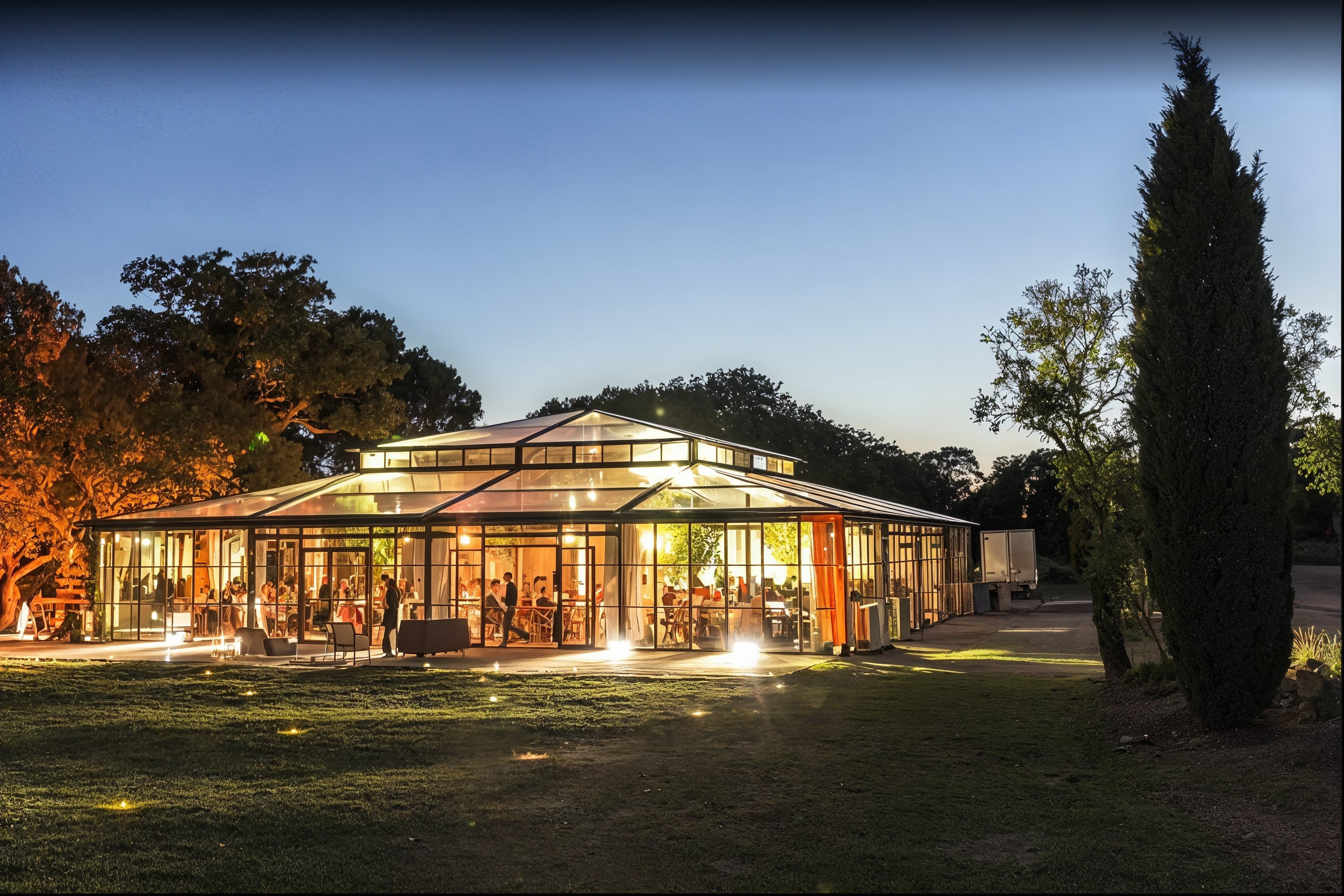 Glass orangery glowing at dusk