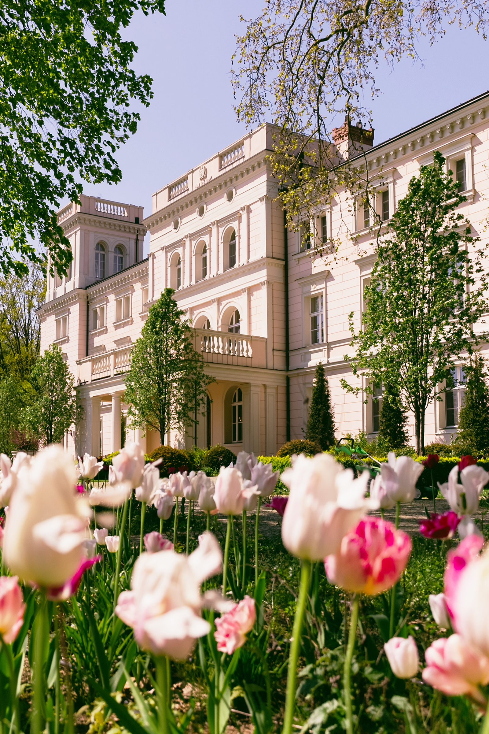 The estate framed by tulips