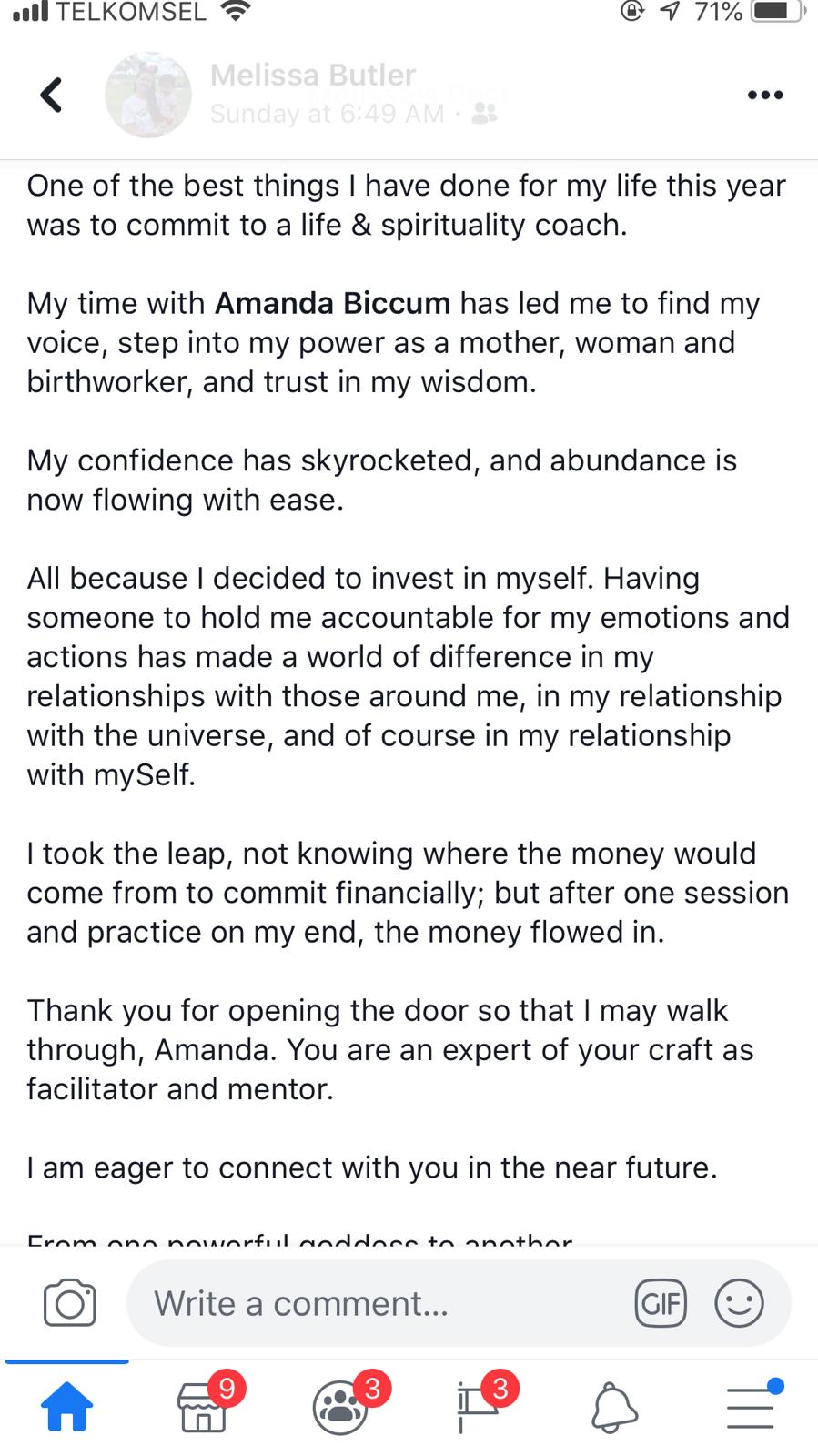 Publicación de Melissa Butler sobre su trabajo con Amanda