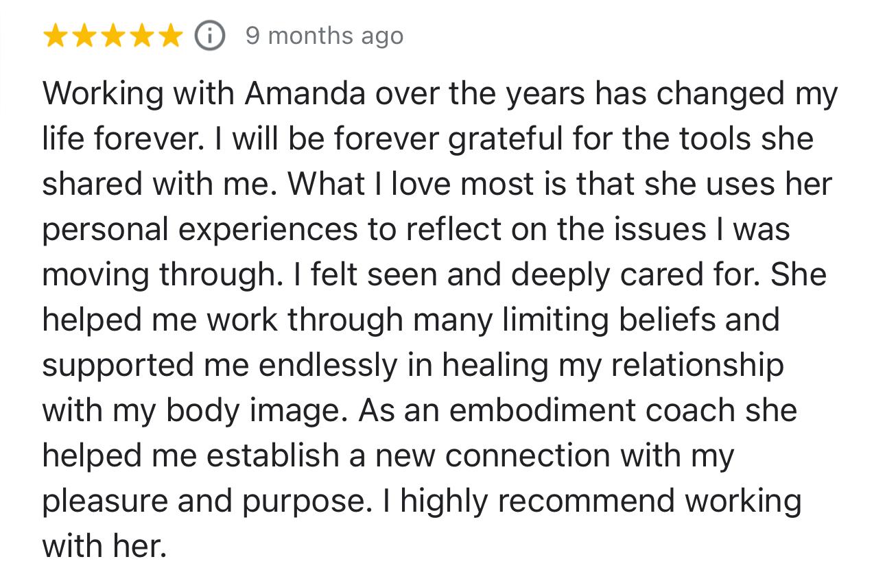 Reseña de cinco estrellas: Working with Amanda over the years has changed my life forever