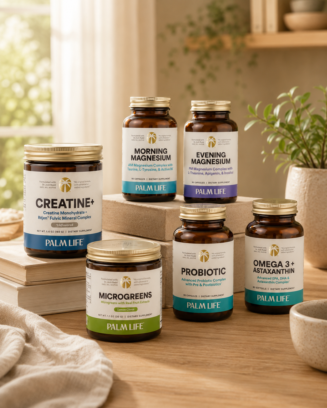 Palm Life supplements on a calm, neutral surface