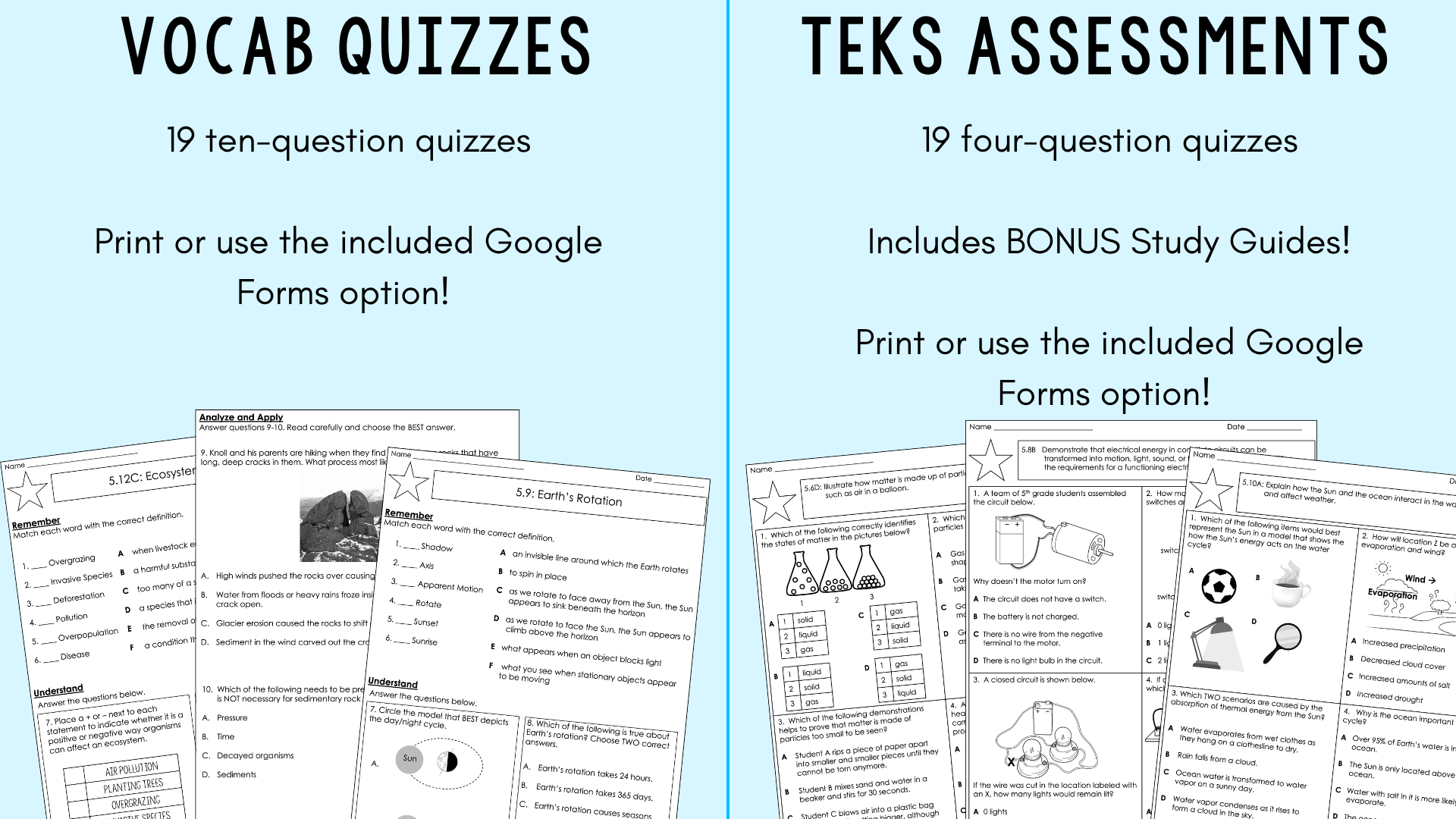 vocab quizzes and TEKS assessments
