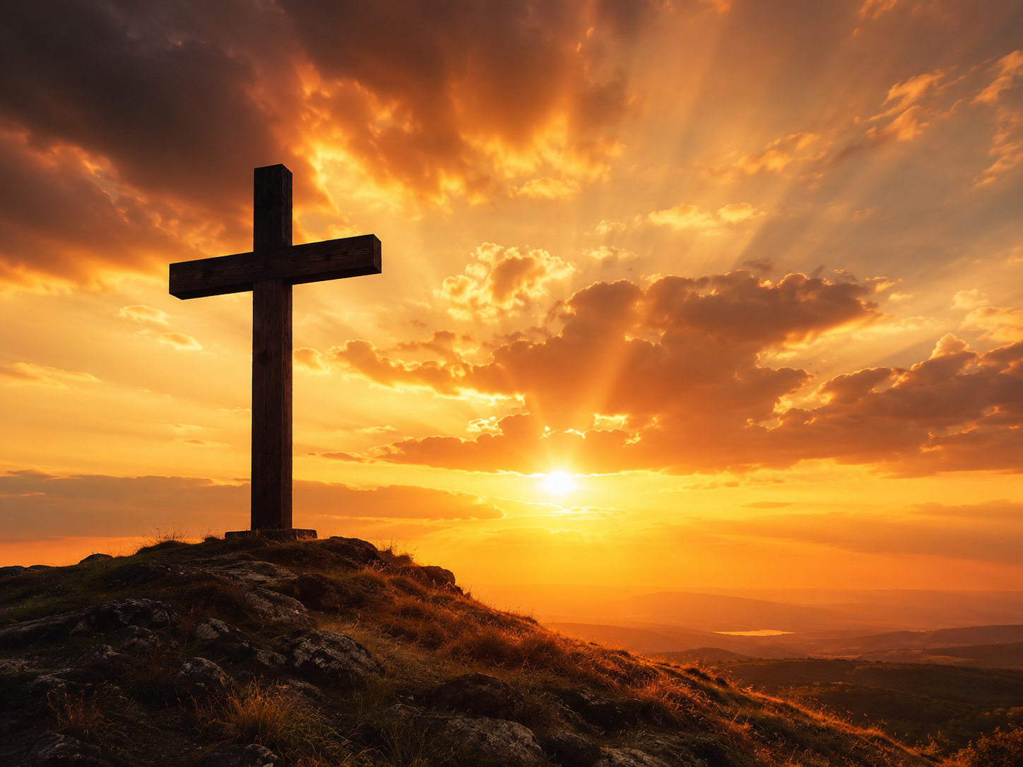 Cross on a hill at sunset