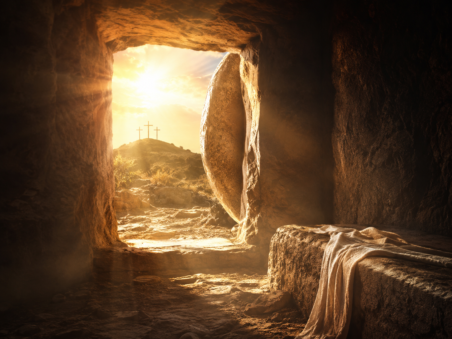 Empty tomb with light shining through