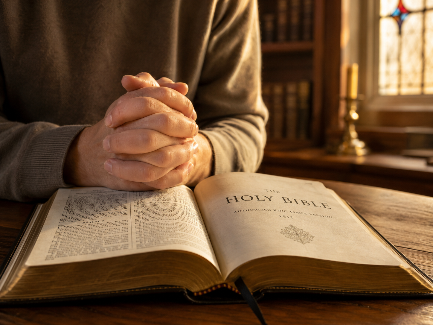 Hands folded in prayer over an open Bible