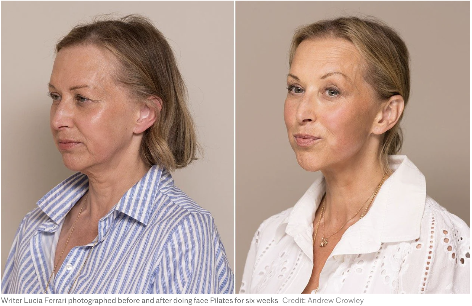 Writer Lucia Ferrari photographed before and after six weeks of FaceToned