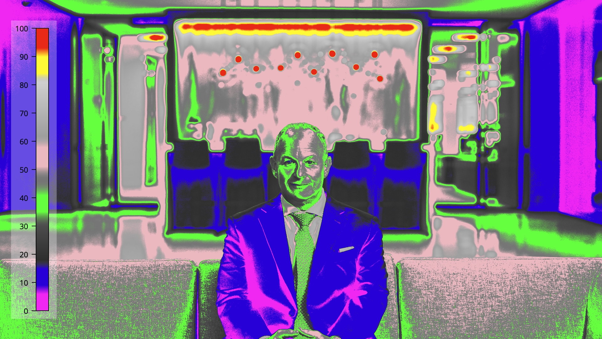 False-color view of the finished bright-lobby interview frame