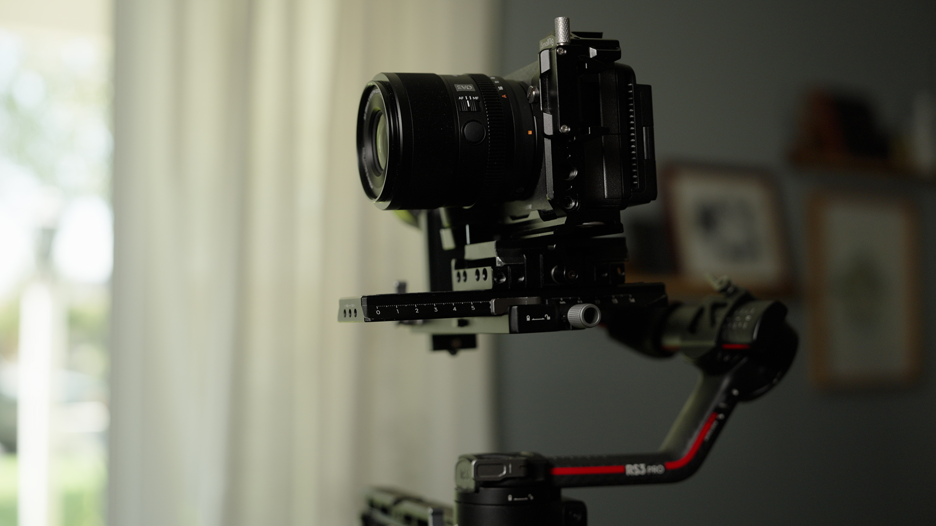 Viltrox 90mm mounted on a Sony FX3 balanced on a DJI RS 3 Pro gimbal