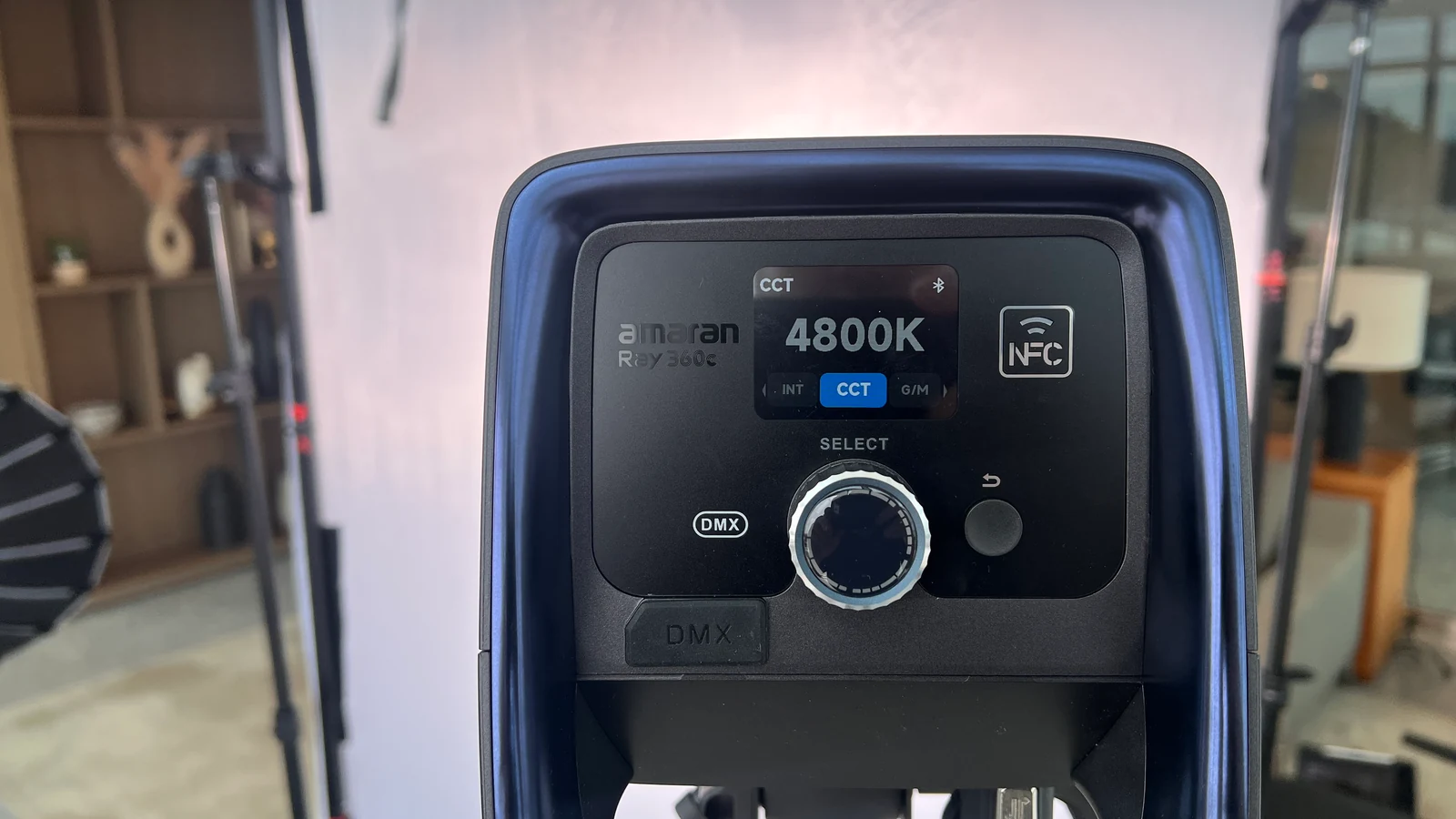 Close view of an amaran light set to 4800 Kelvin behind a diffusion frame