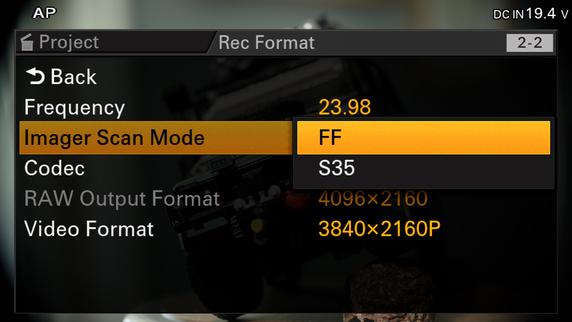 Sony FX6 Rec Format menu showing Full Frame and S35 Imager Scan Mode options