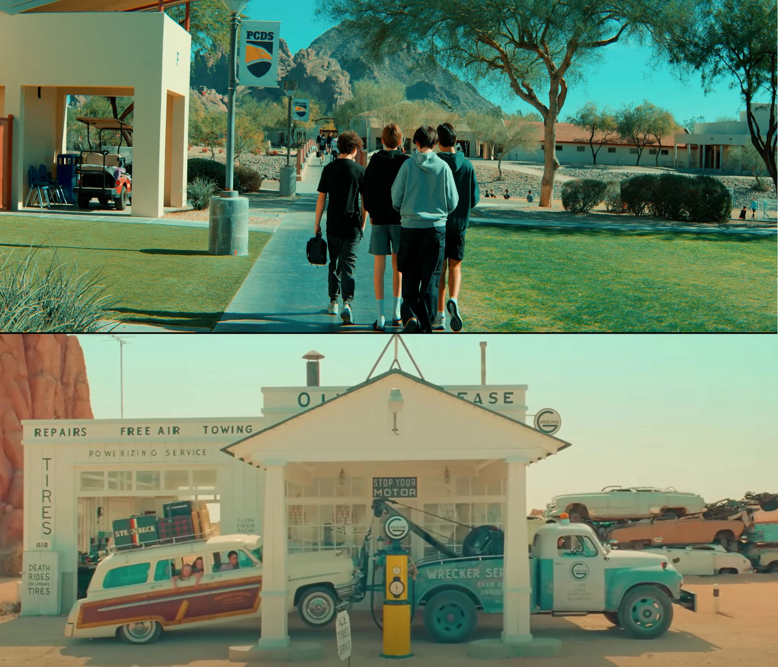 Vertical comparison between a Phoenix school scene with a Wes Anderson LUT and an Asteroid City reference frame
