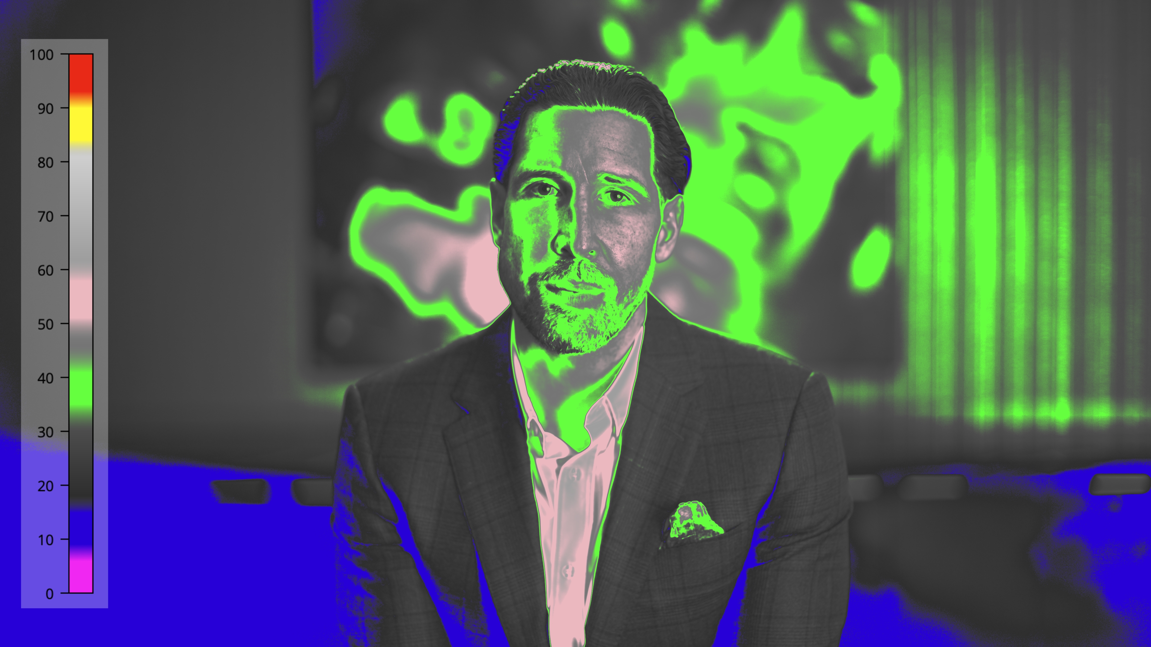 False-color view of the S-Log interview frame used to compare skin, fill, and background exposure