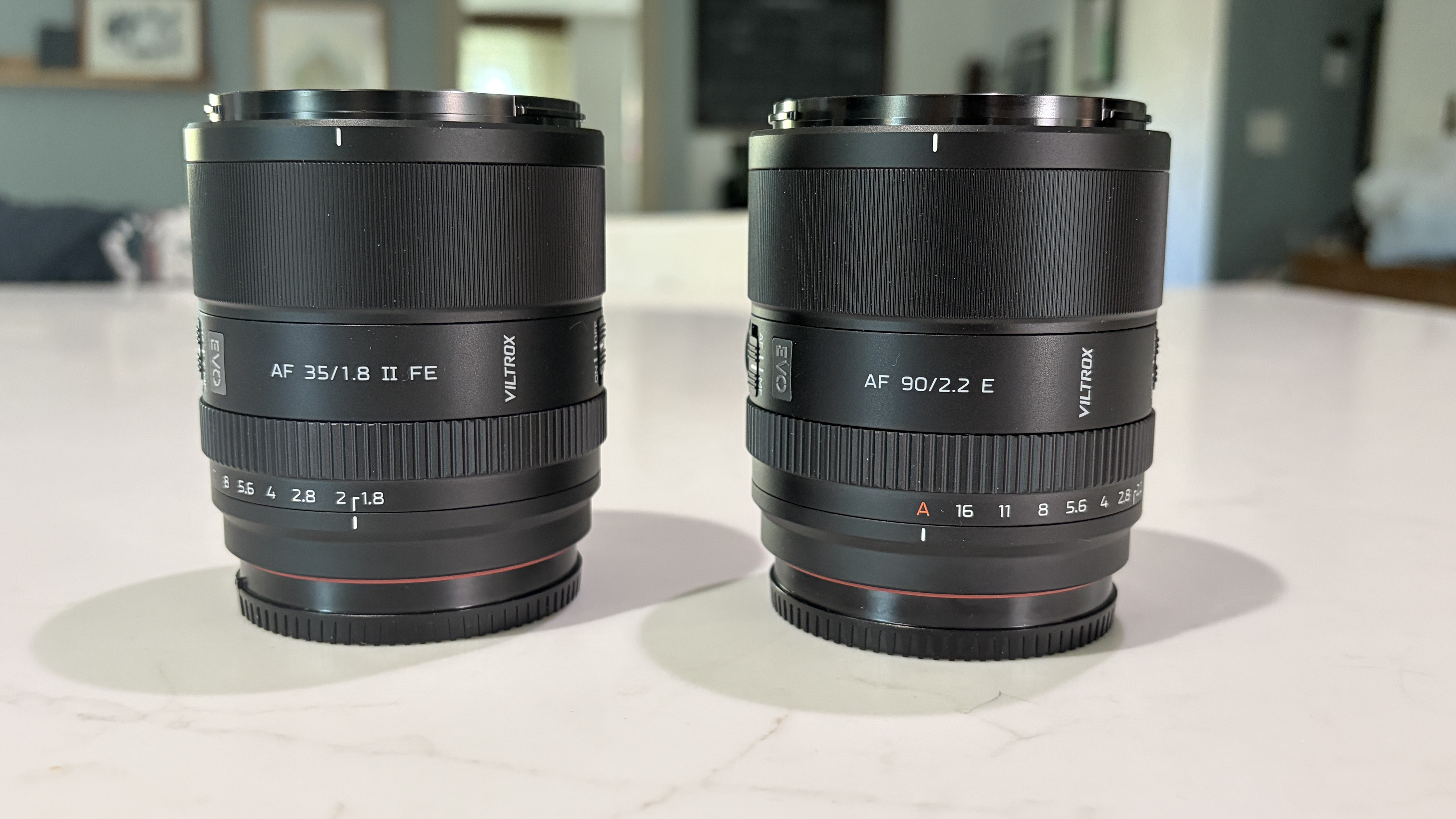 Viltrox 35mm and 90mm EVO lenses side by side showing their similar size