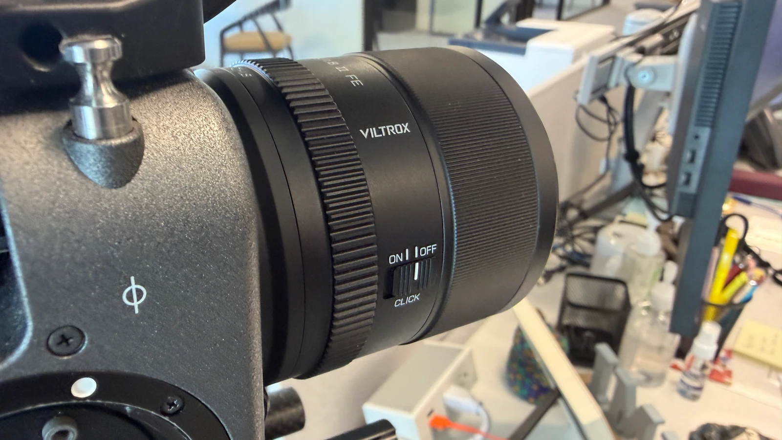 Viltrox 35mm lens mounted directly on a Sony cinema camera