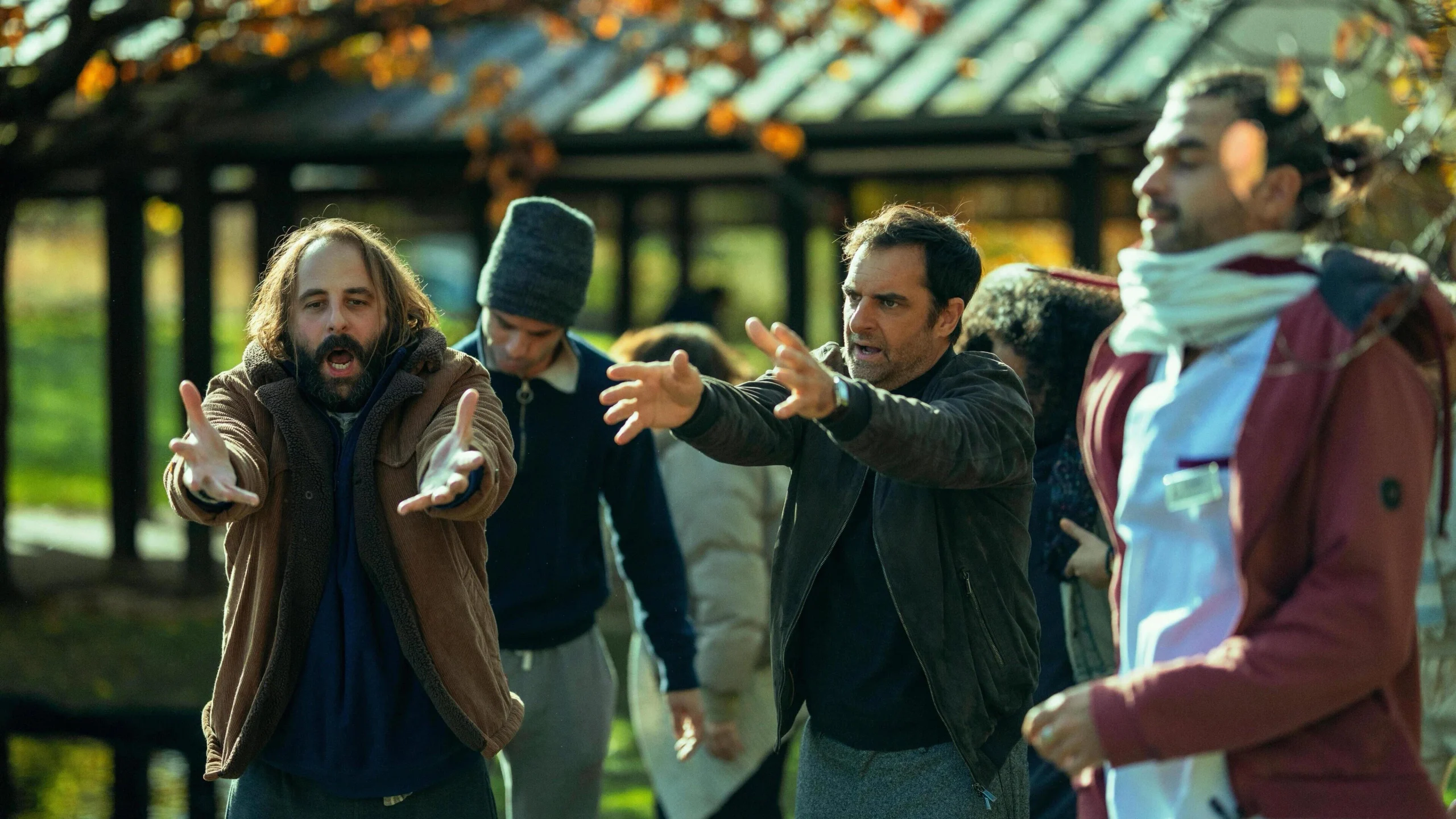 Outdoor scene from Call My Agent the movie with controlled backlight, contrast, and shallow depth of field