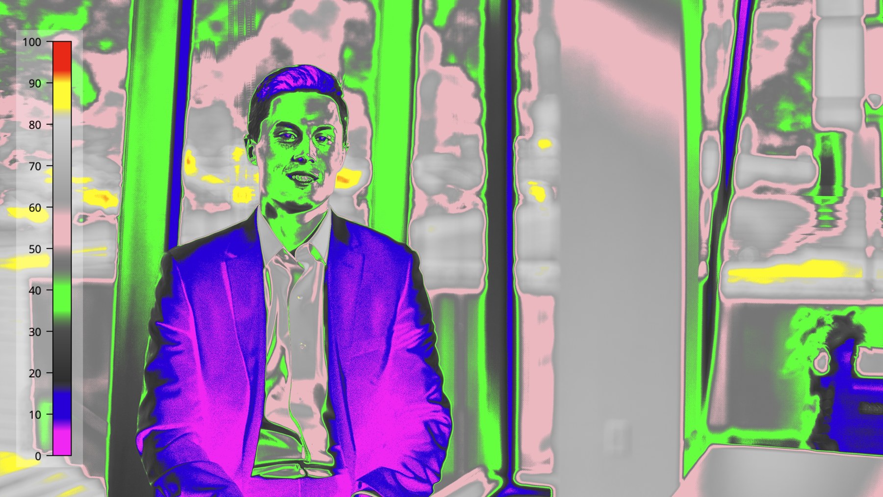 False-color reverse-angle interview showing distinct fill, key, and edge-light exposure levels