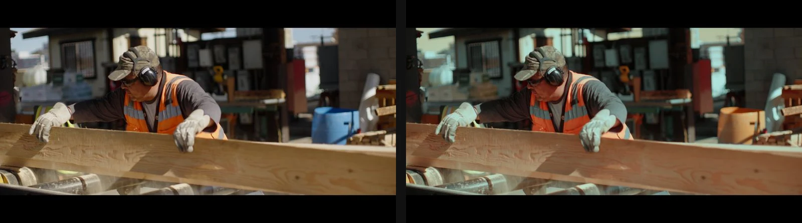 Side-by-side construction footage showing the Rec.709 image and a creative LUT version