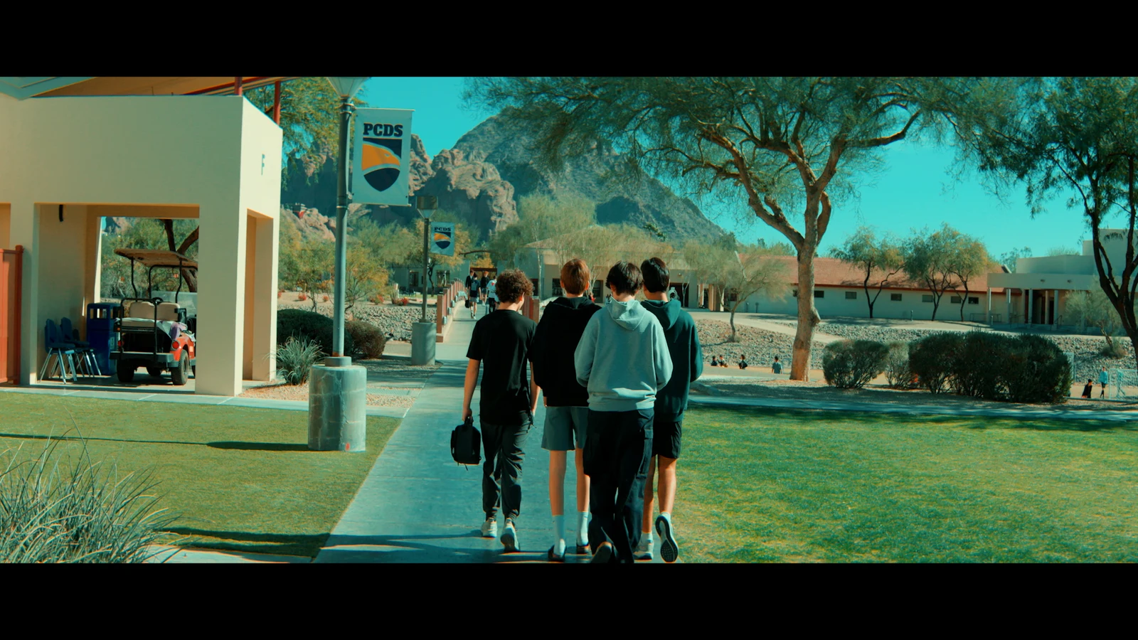 Phoenix school scene after applying a strong Wes Anderson-inspired creative LUT
