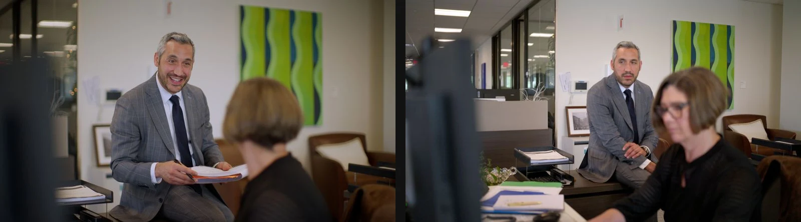 Side-by-side office scene showing the tighter 50mm view and the wider contextual 35mm view