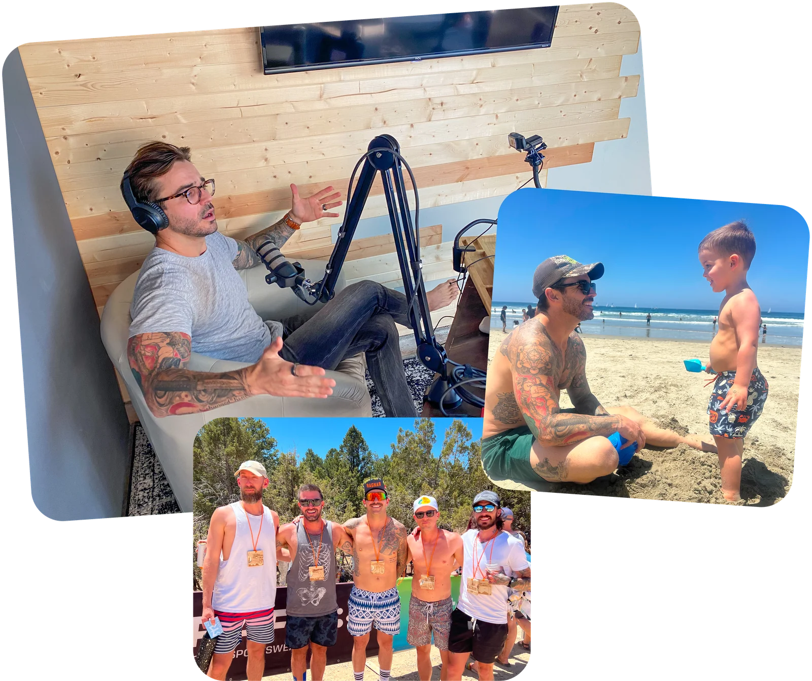 Brent recording a podcast, at the beach with his son, and with friends outdoors