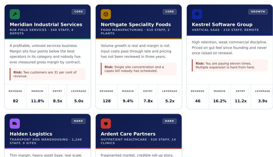 The Value Creation Plan: five portfolio companies with risk flags and entry metrics