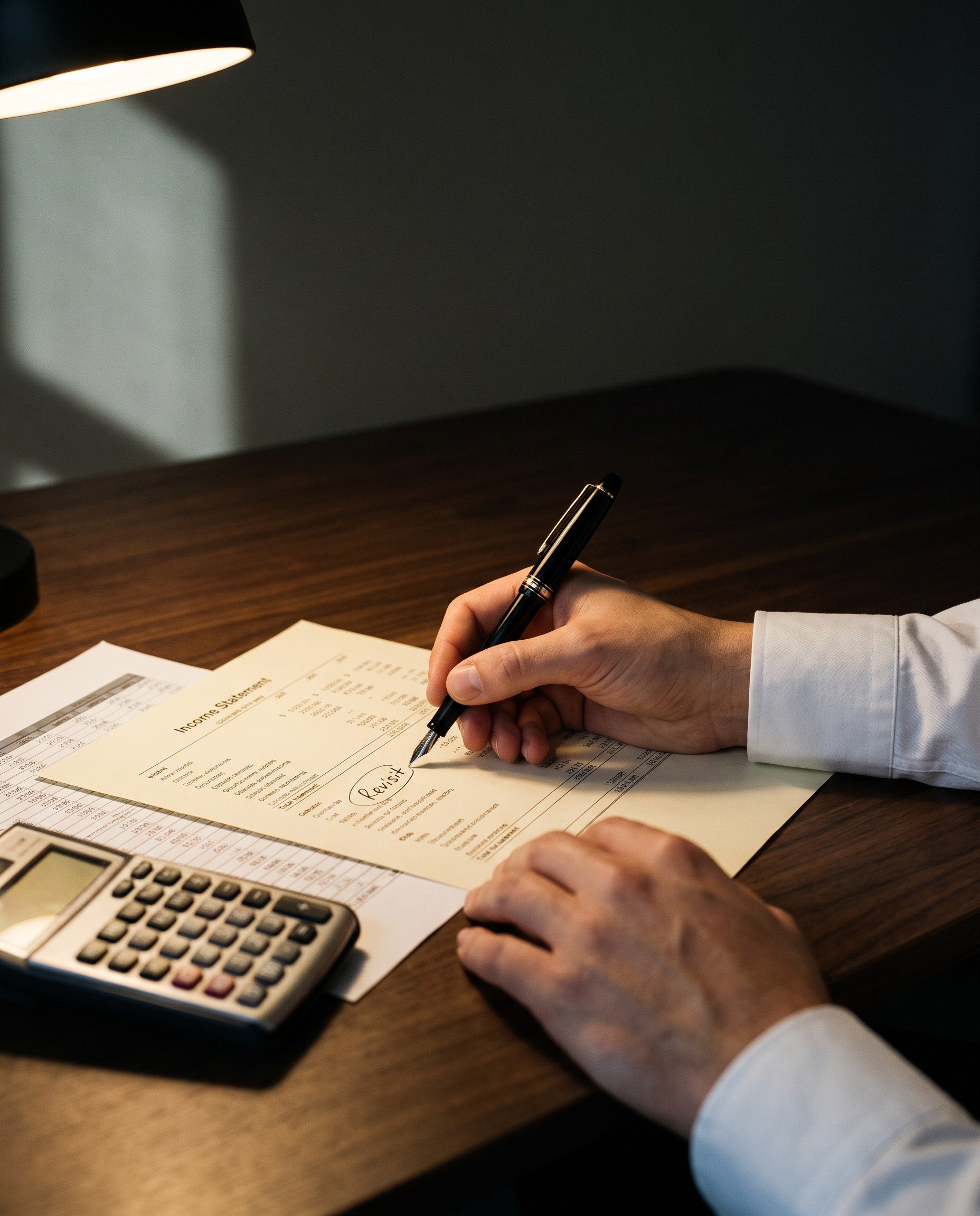 A hand annotating a printed income statement with a fountain pen