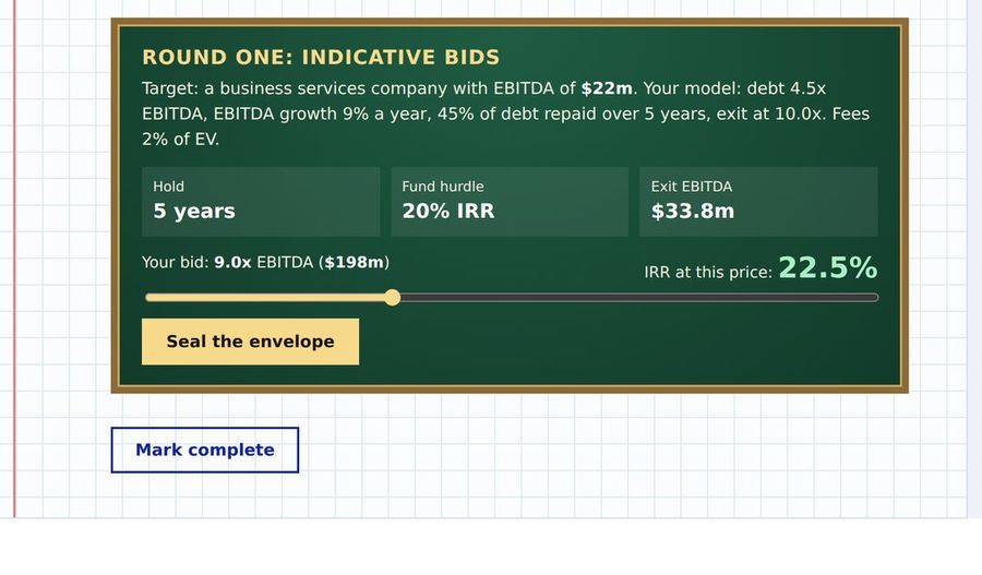 The auction room: a sealed indicative bid with live IRR at the chosen price