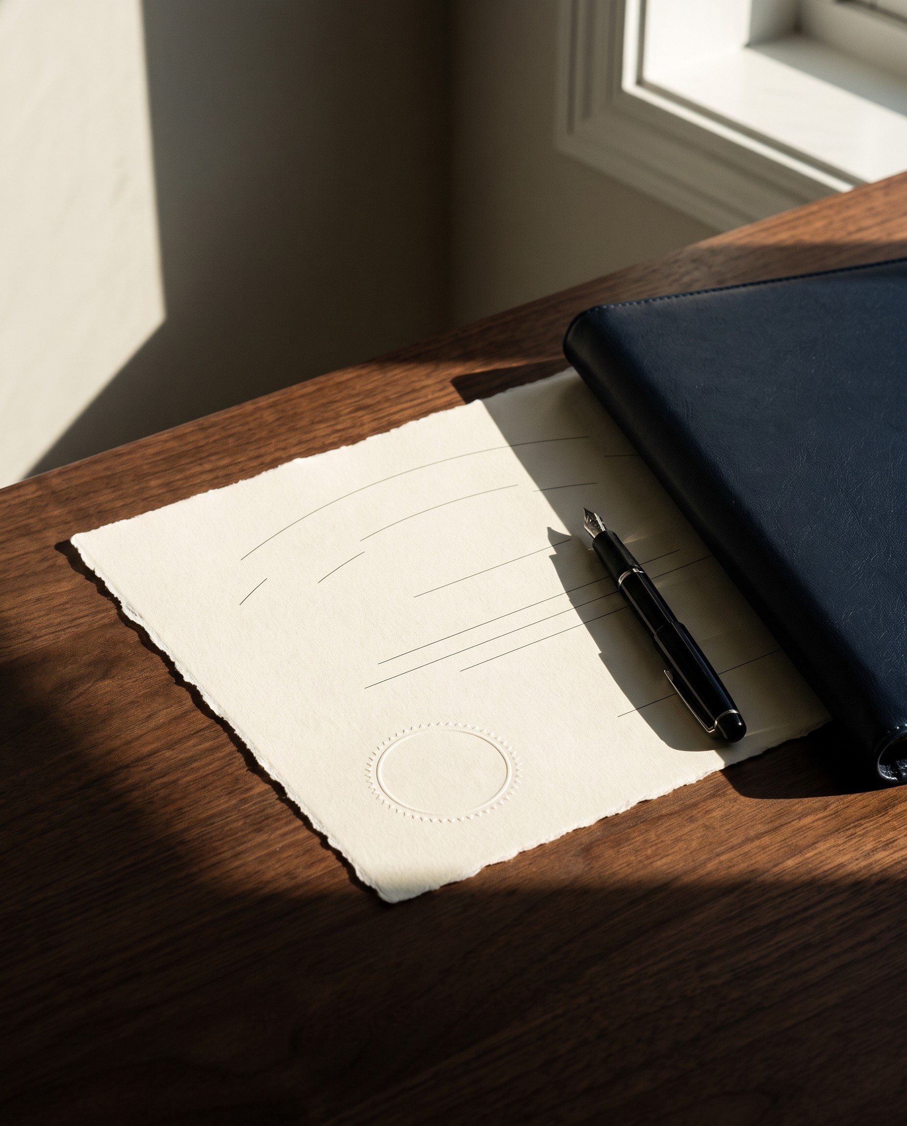 A cream certificate with a blind-embossed seal on a walnut desk