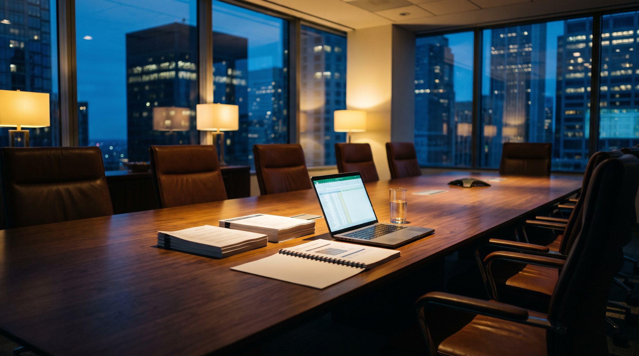 An empty investment committee room at dusk above a financial district