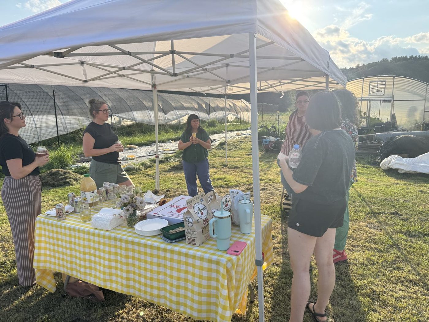 Six flower farmers standing around a folding table under a pop-up canopy on a farm, talking.