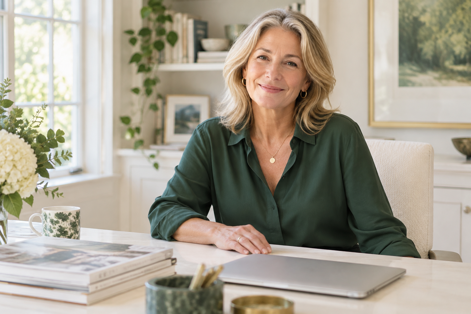 Illustrative portrait of a relaxed publishing professional at her desk