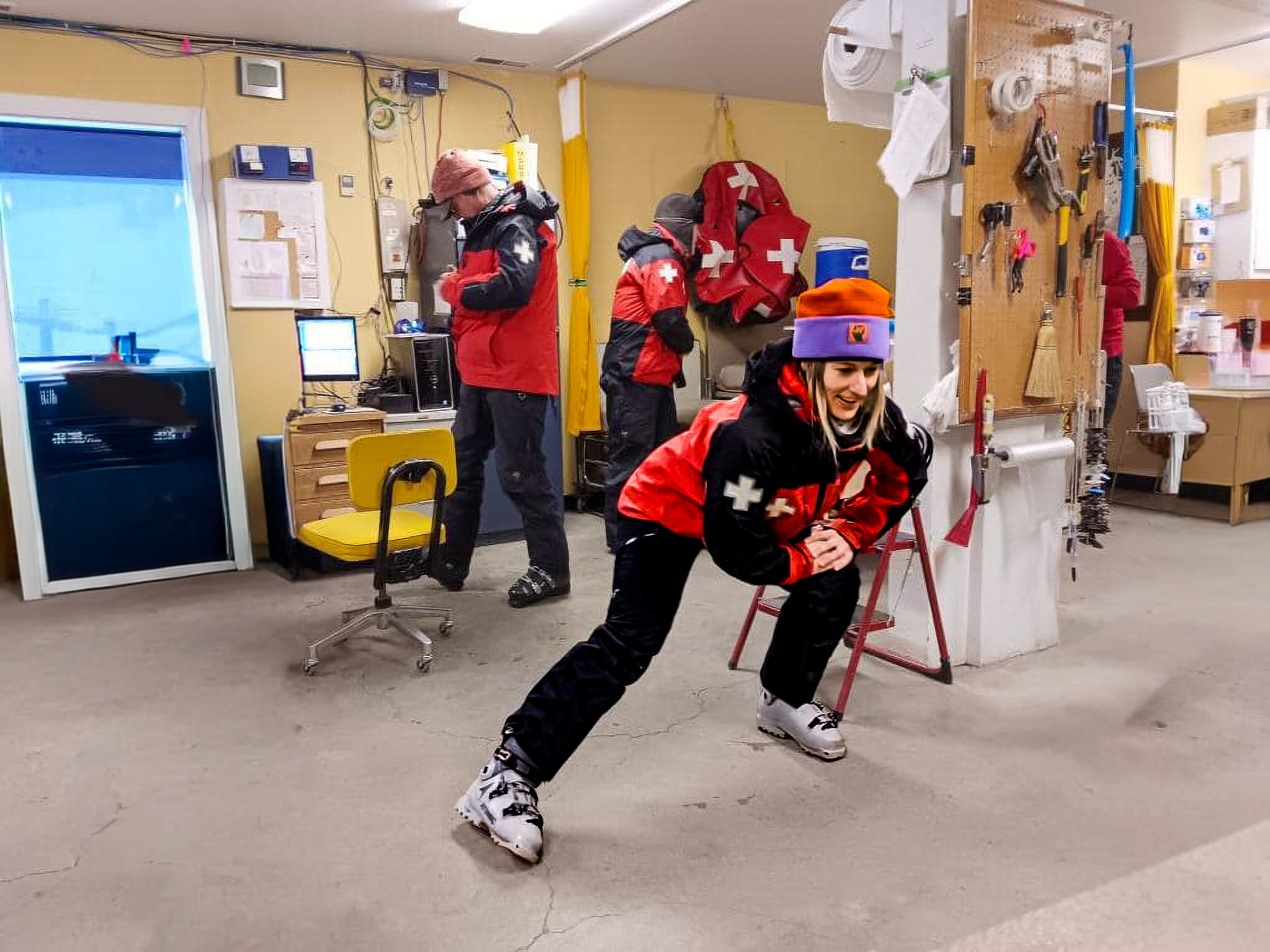 Ski patrol warming up on the mountain