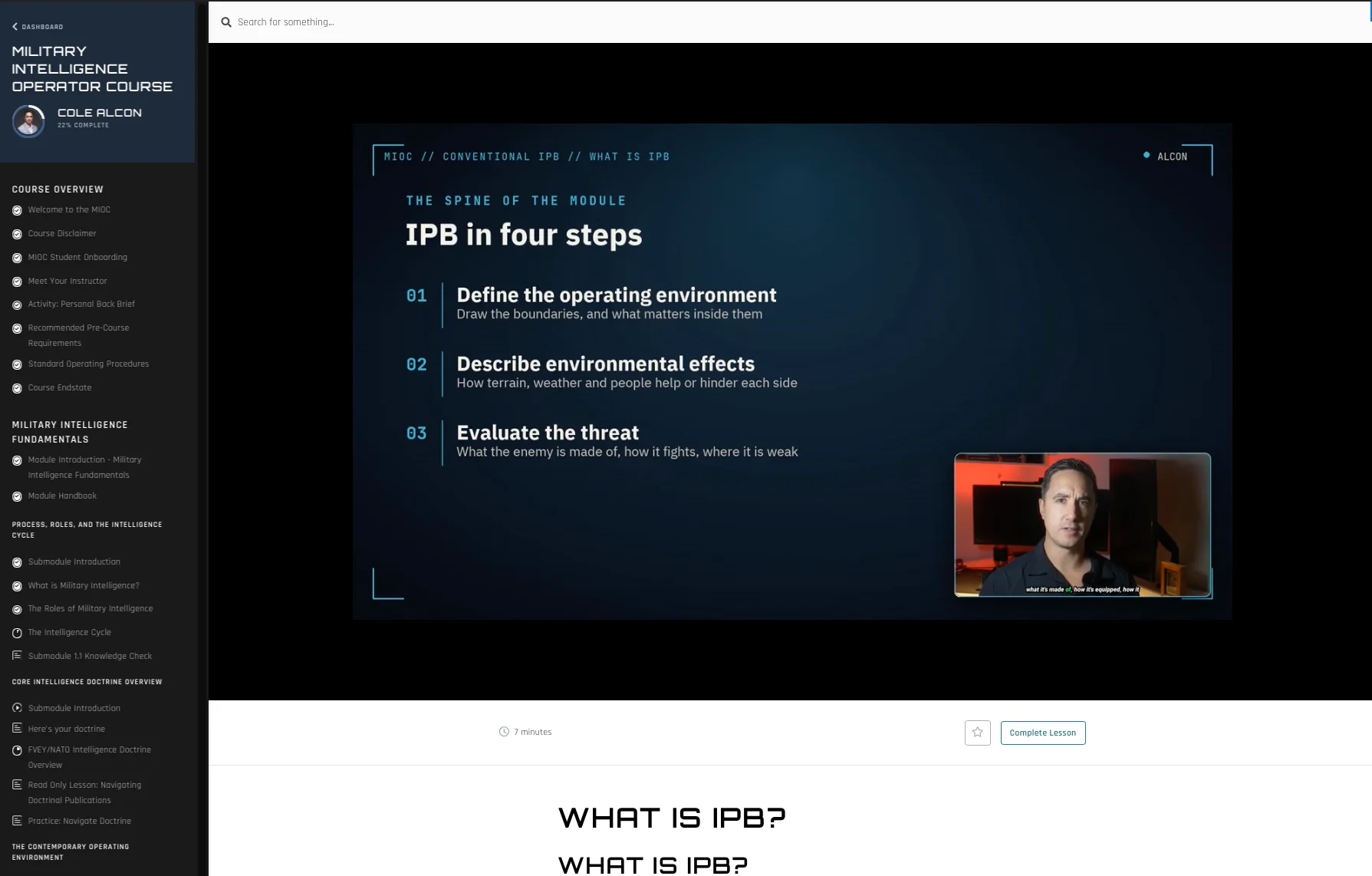 The MIOC course player. A sidebar lists the course modules and lessons, the lesson slide reads IPB in four steps, and Cole Proebstel presents to camera in a video panel.