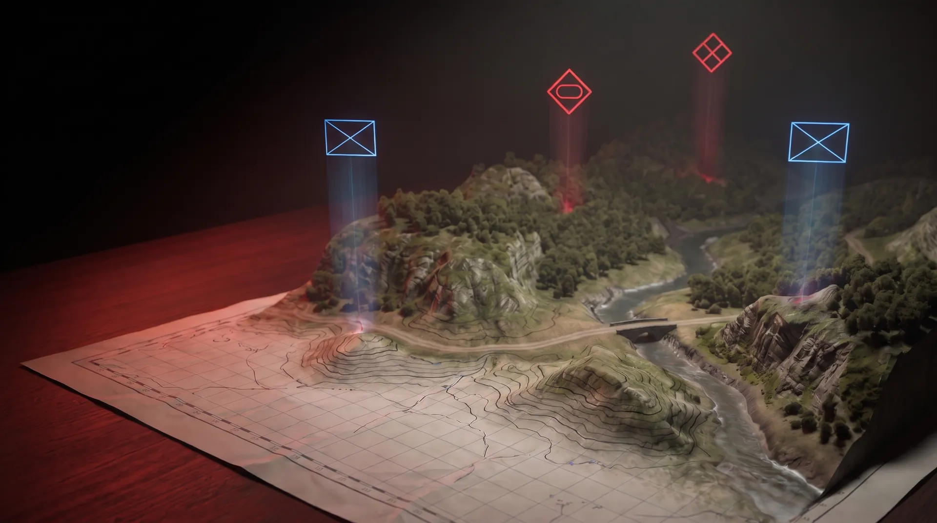 A terrain model rises from a map with blue friendly force rectangles and red enemy force diamonds above it.