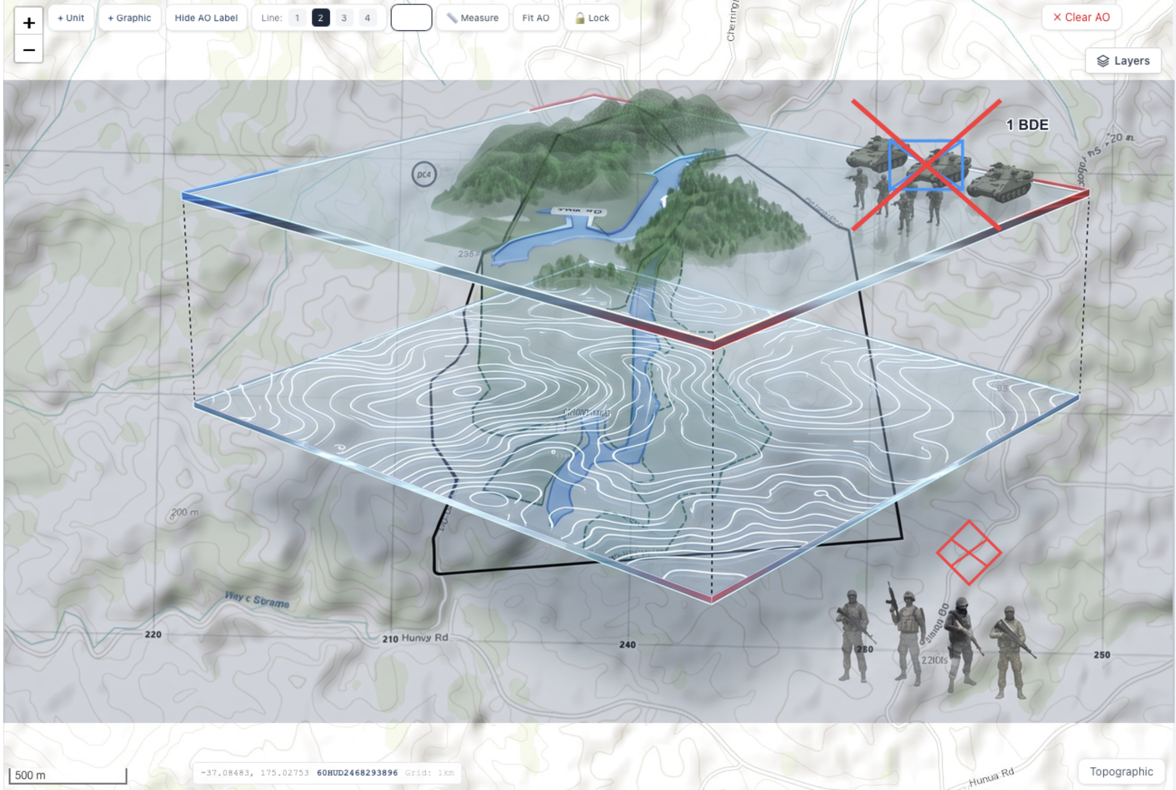 OpenIPB map with raised terrain and contour layers, woodland, a reservoir, a friendly position labelled 1 BDE and a marked threat position.