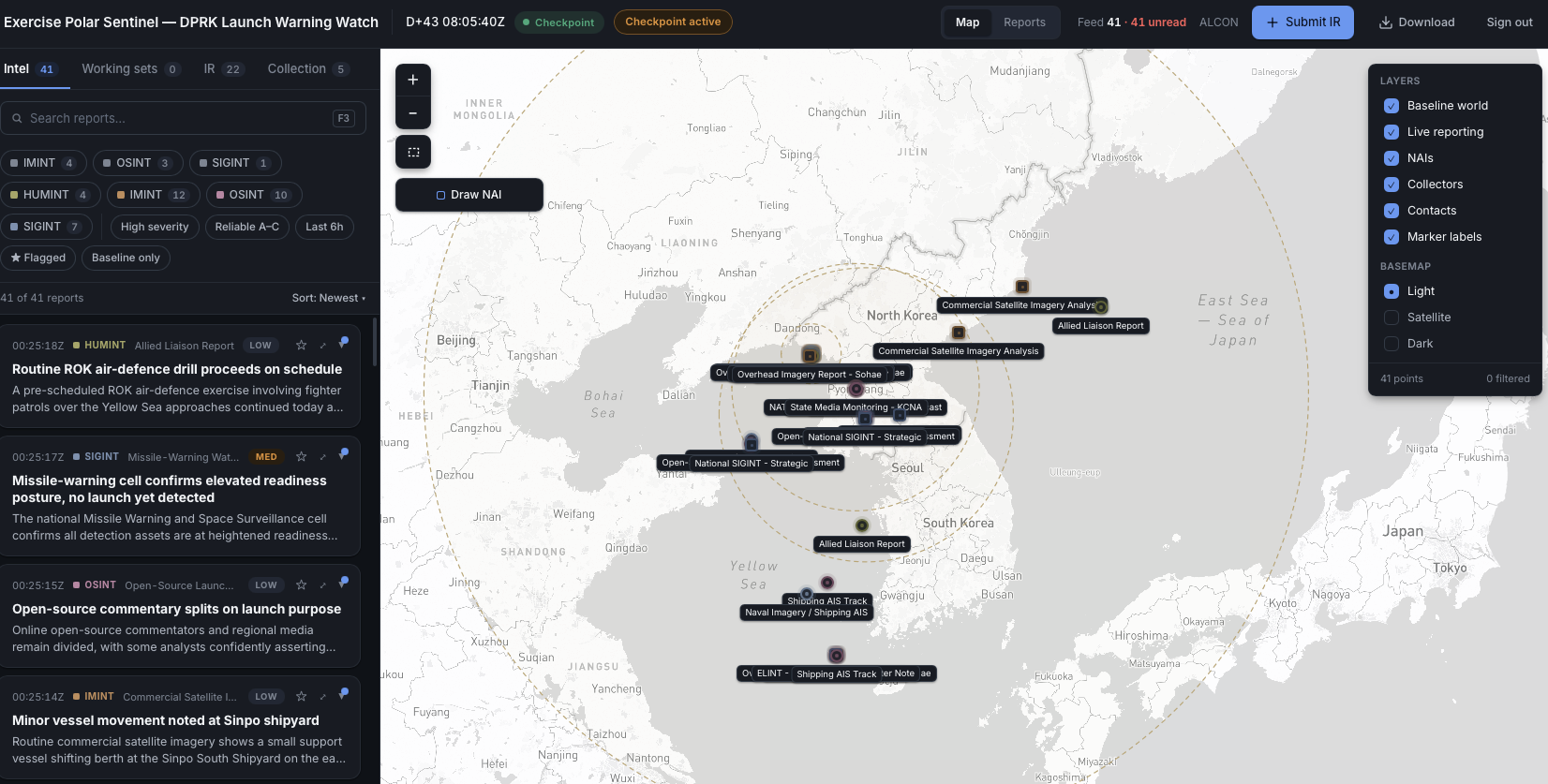 The POET screen shows a reports list beside a map of the Korean peninsula with report markers and labels.