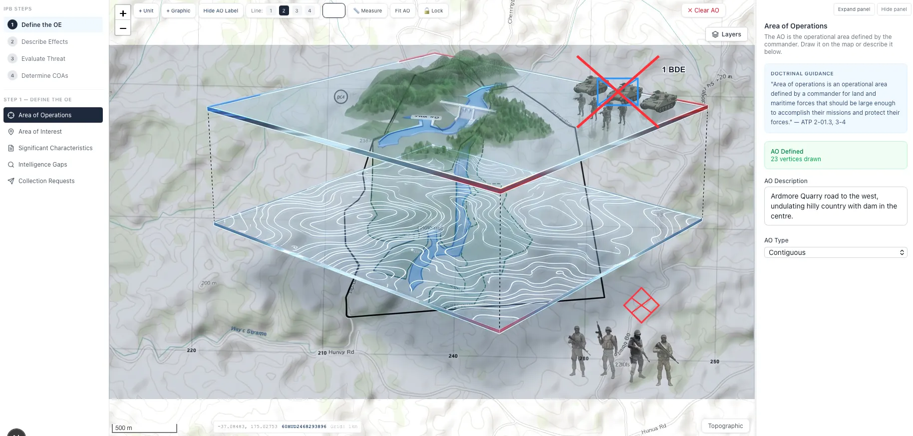 An OpenIPB training map with suspended terrain layers, blue friendly forces and a red enemy cell. A red attack cross is in front of the friendly symbol.