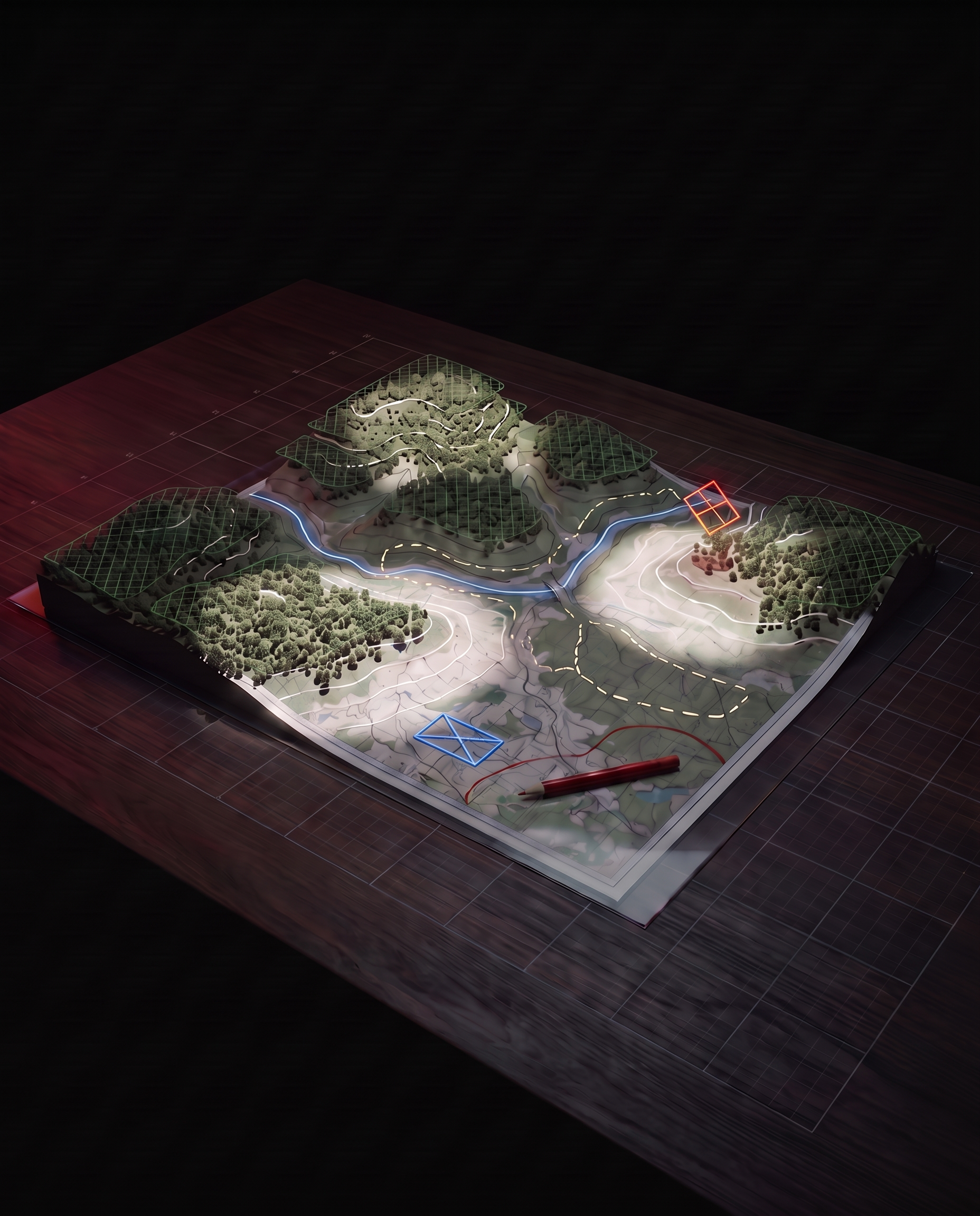 An illustrative terrain map with green crosshatching above woodland and a blue line following the river.