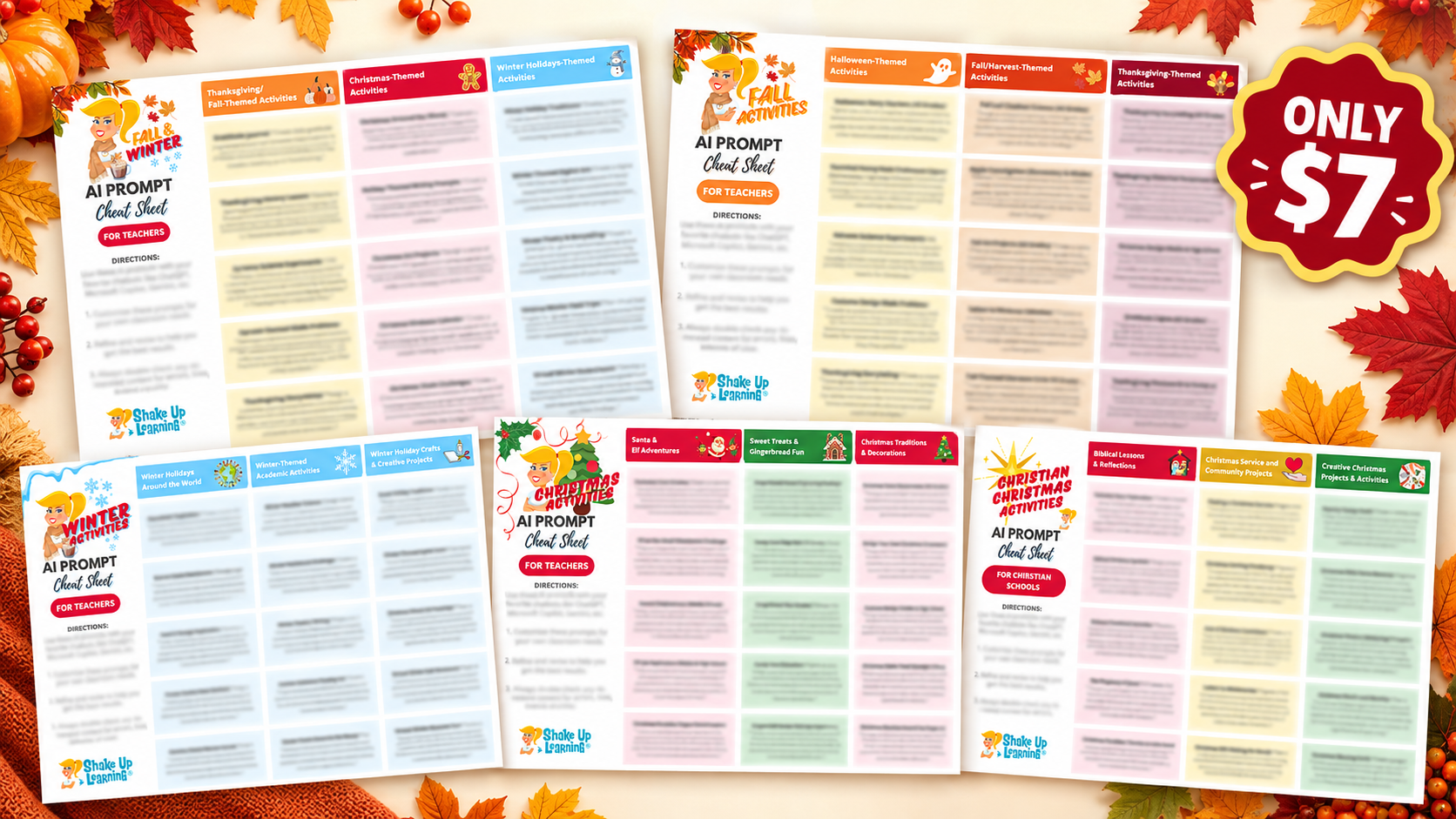 Preview of all Fall and Winter AI Prompt Cheat Sheets — only $7