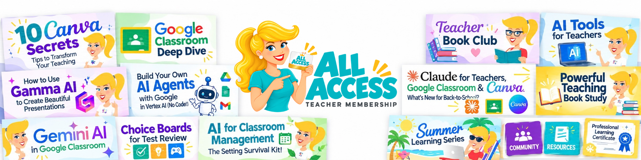 ALL ACCESS Teacher Membership catalog featuring courses, AI tools, book studies, community, resources, and professional learning certificates