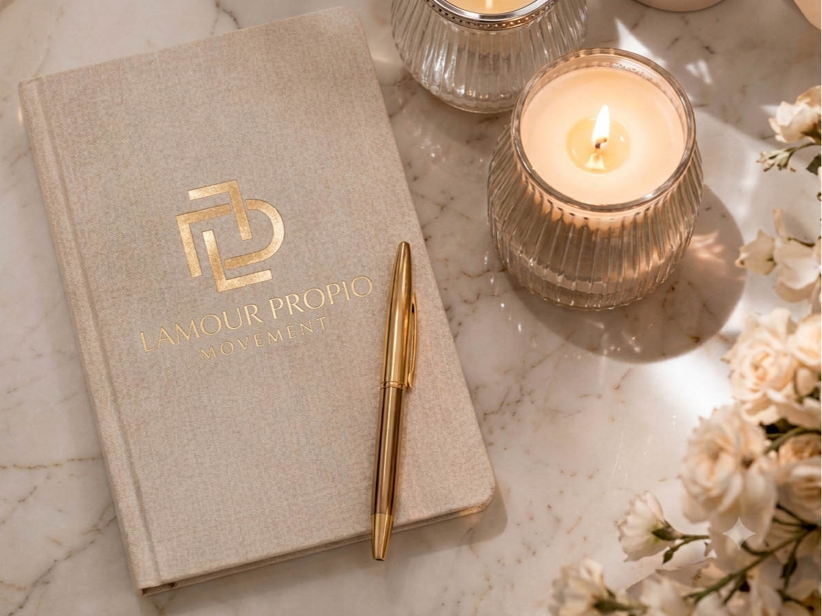 Styled flatlay with candle, notebook, and florals