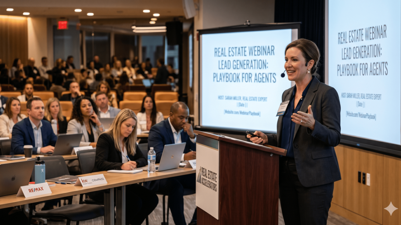 Real estate agent hosting a webinar for lead generation &mdash; playbook for agents in 2026