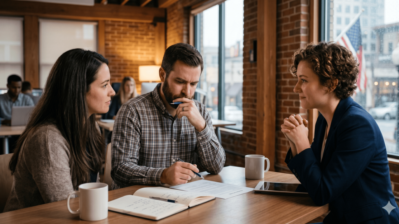 Real estate agent handling I want to think about it objection at a listing presentation kitchen table