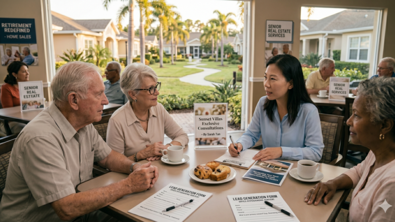 Real estate agent generating leads from a 55-plus senior community in 2026