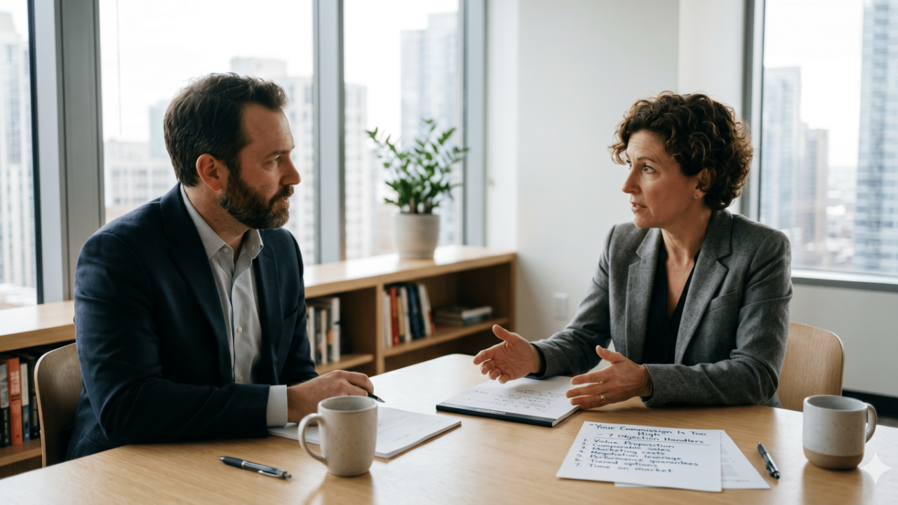 Real estate agent handling commission objections at a listing appointment &mdash; 7 scripts for 2026